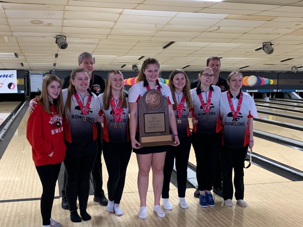 Dike-New Hartford sophomore Anna Frahm, pictured third from right, was the top bowler for Cedar Falls in the school&#039;s third-place finish in the Class 3A state bowling tournament earlier in 2021. (Contributed photo)